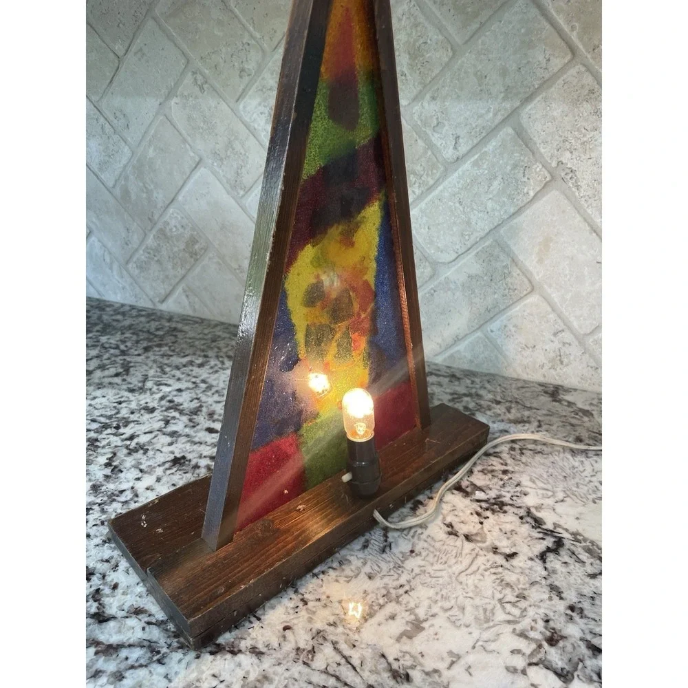 Vtg Mid Century Modern Pyramid Stained Glass Lucite Christmas Tree Lamp MCM
